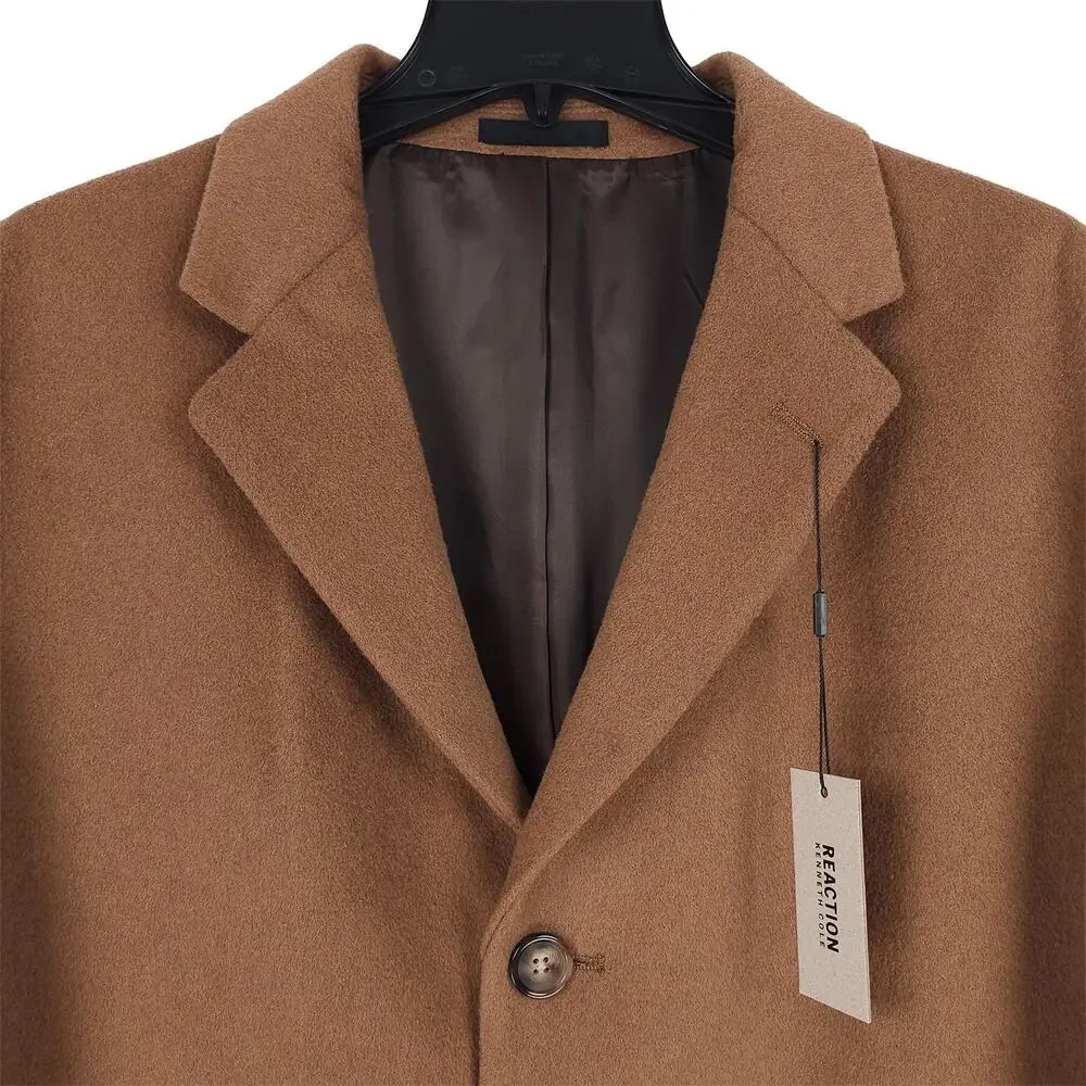 Kenneth Cole Reaction Mens Classic Fit Overcoat 46R Beige Camel Solid Wool Blend